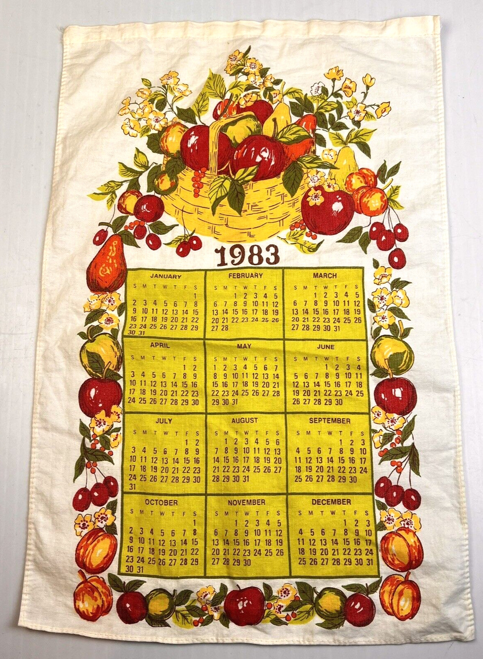 1983 Calendar Tea Towel VIntage Kitchen Red Yellow Fruits Linen Tea Towel